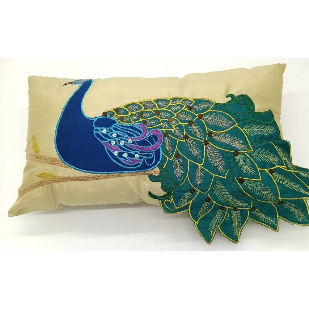Vintage Peacock Accent Pillow THRO by Marlo Lorenz Embroidered Sequin 10X18